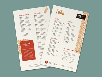 Castor Menu branding design identity design identity system illustration indesign menu menu design mrs eaves pattern print design rebrand vector