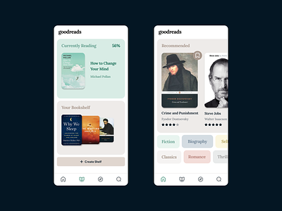 Goodreads Redesign: Bookshelf + Home app app design blue design goodreads ios mobile ui ux