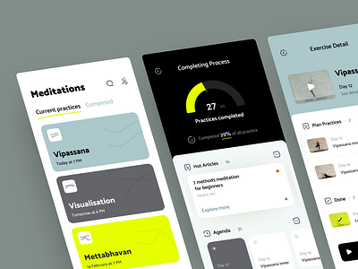 Meditation App app chart course dark educaation exercise graph green meditation mobile app progress schedule ui design ui mobile ux mobile uxui