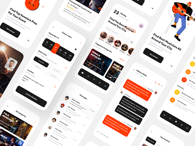 Musician Booking App akramhs app call screen chat chat screen design filter screen filter ui homepage illustration logo musician musician booking musician booking app onboard ui ui design uiux uix ux