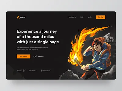 Aghni - Adventure Website Hero Section agni cave character darkmode experience fire hero illustration landingpage light page procreate saas section spirit torch ui unleash ux website