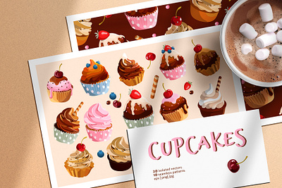 Cupcakes vector set seamless pattern