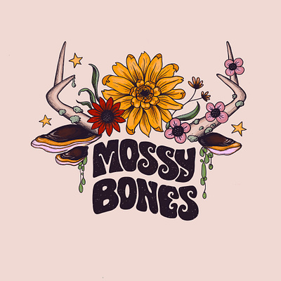 Mossy Bones Logo bones flowers illustration lettering art logo mushrooms nature