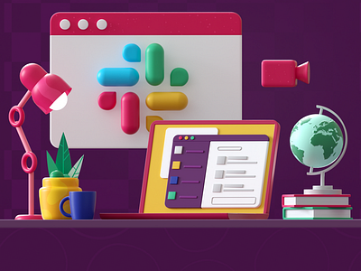 Slack workspace 3d 3dart 3dartist 3dicons 3dillustration 3dmodelling c4d cinema4d earth illustration laptop logo message octane slack webillustration