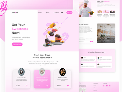 Ice Cream Restaurant Landing Page clean dekstop design exploration figma food ice cream illustration landing page modern pink sweet ui ux web