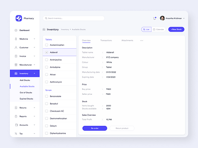 Inventory screen attachment available stocks dashboard delete edit inventory medicine pharmacy price products profile stocks transactions ui ux