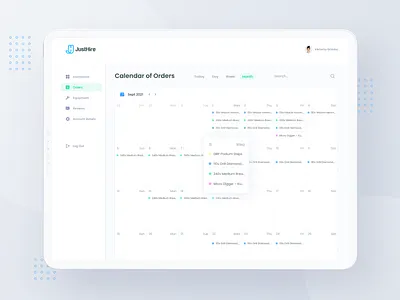 JustHire | Calendar of Orders app calendar clean dashboard date design desktop ecommerce equipment hire layout portal profie rent services ui ux webdesign