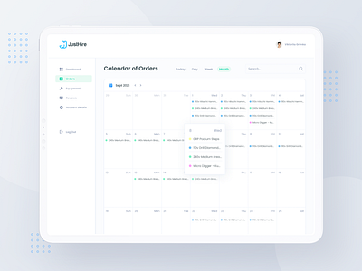 JustHire | Calendar of Orders app calendar clean dashboard date design desktop ecommerce equipment hire layout portal profie rent services ui ux webdesign