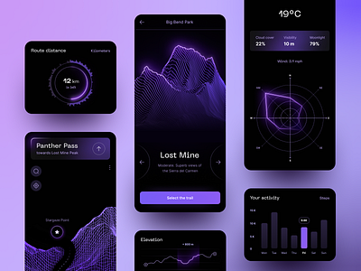 Night Hiking App app app design dark dark theme design fireart fireartstudio futuristic glow hiking interface mobile mountains navigation neon productdesign stargaze trails ui uiux