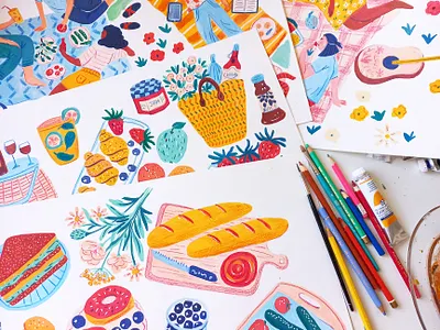 Picnic time art drawing gouache hand drawn illustration painting pattern picnic summer
