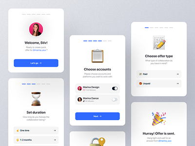 Offer creation flow [cards, components] app buttons cards design components contract desktop emoji flow minimal mobile ui modals offer onboarding plan pop up simple social steps success ui