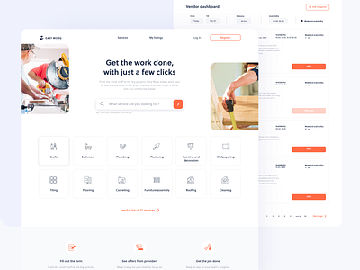 Easy Worq - online marketplace clean construction craftsman fix handyman home homepage interface marketplace minimal orange renovation repair search service tools ui ux web web design