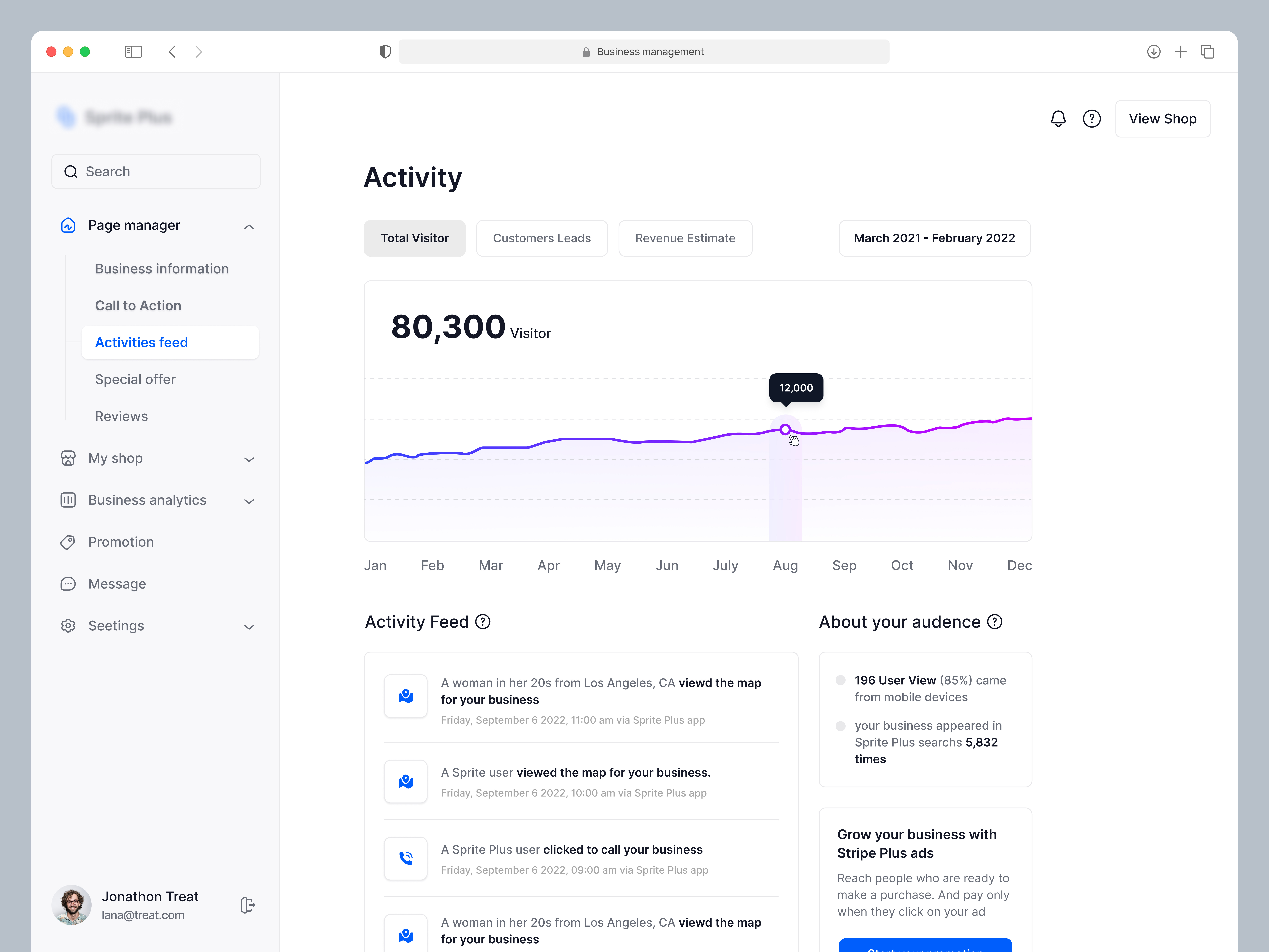 Activity Feed - Business Management System activity admin admin panel business e commerce feed lead management minimal page product sass ui userinterface ux visitors webapp