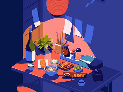 Cozy Izakaya Food animation cozy food is isometric japan light motion graphics night shadow