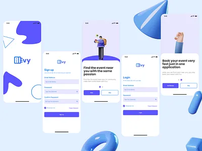 Onboarding and Login Find Event Application 3d app appdesign dailyui design graphic design icon illustration ui uiux ux