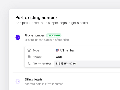 Phone number porting app check clean completed desktop form input minimal mobile modal phone number process product saas simple steps typing ui ux web