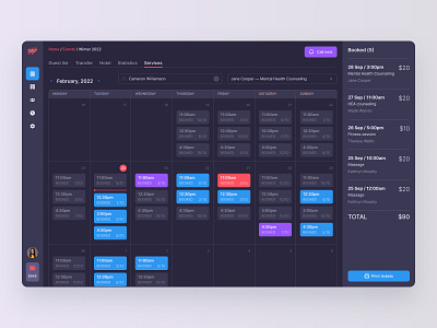 Private CRM system for event management appointment blue booking calendar crm dark theme erp software events interface meet meeting night planing planner saas schedule timeline timetable uxui web application
