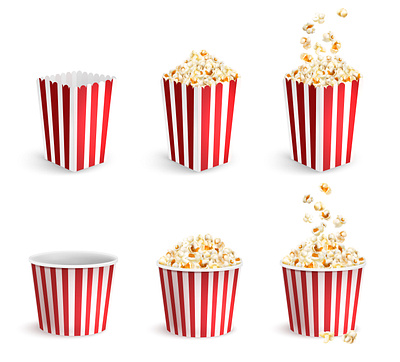 Popcorn icons set buckets illustration packs popcorn realistic vector