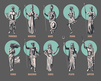 Greek Olympian gods set flat gods greek illustration olympian vector
