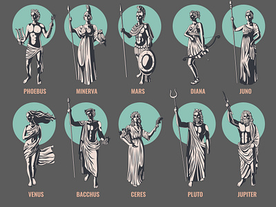 Greek Olympian gods set flat gods greek illustration olympian vector
