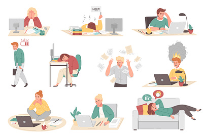 People fatigue at work set cartoon frustration illustration people vector work
