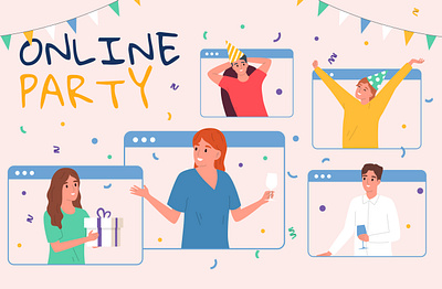 Online party poster flat illustration online party vector video call