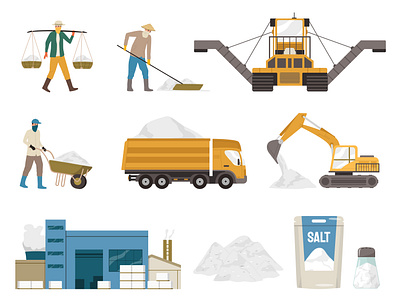 Salt production set flat illustration machinery production salt vector