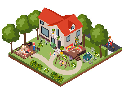 Isometric holiday villa character illustration isometric isometric illustration people vector