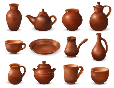Clay kitchenware set clay handmade illustration kitchenware realistic vector