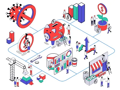 Postcovid business recovery character design illustration isometric isometric illustration people vector