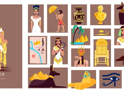 Cleopatra compositions set ancient cleopatra egypt flat illustration vector