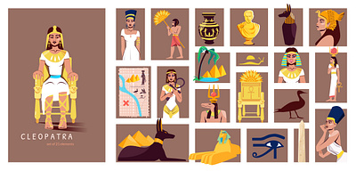 Cleopatra compositions set ancient cleopatra egypt flat illustration vector