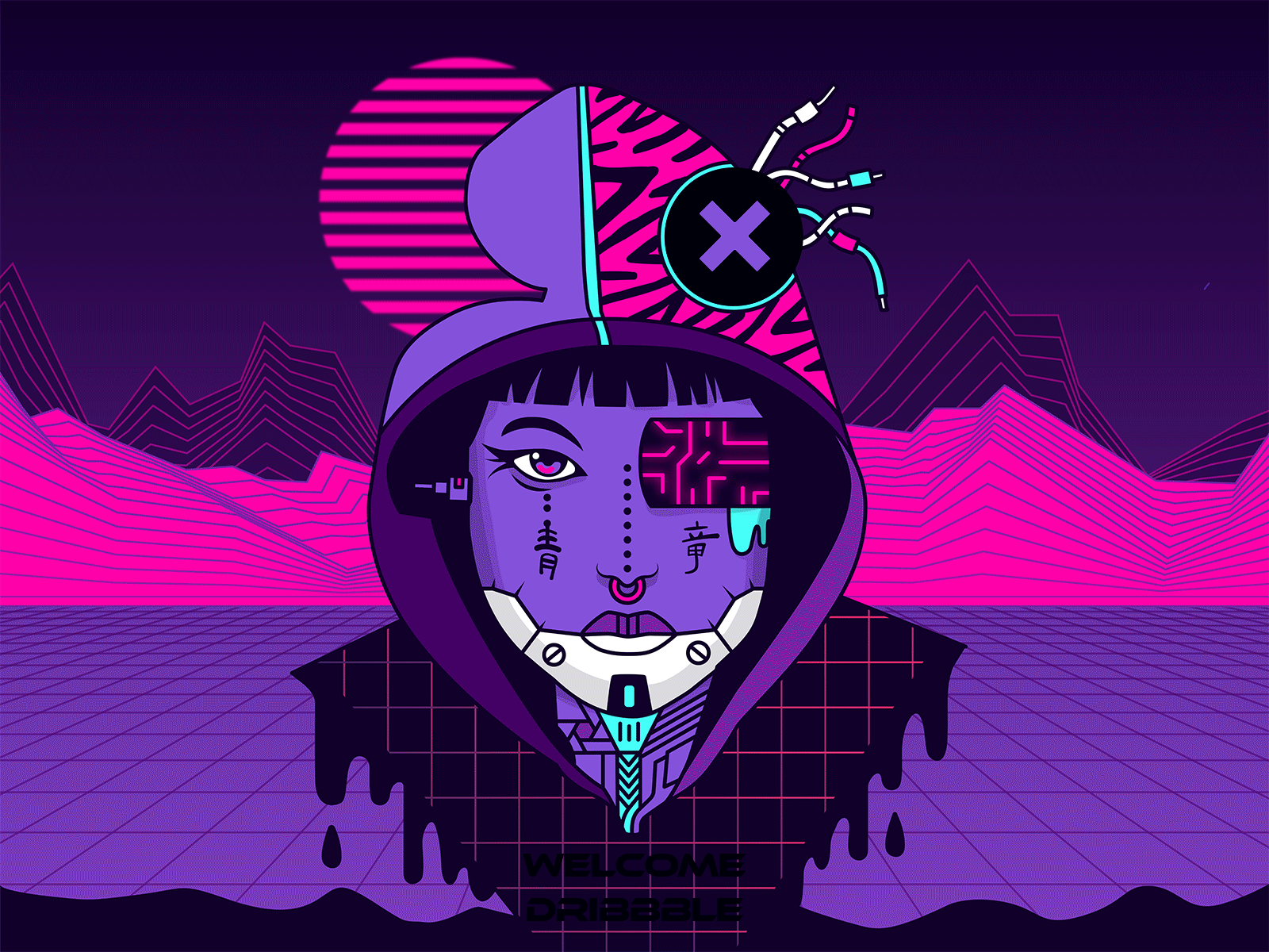 Welcome Dribbble! animation character cyberpunk debut design dribbble dribbble debut future futuristic gif graphic design illustration pink portrait purple synthwave violet