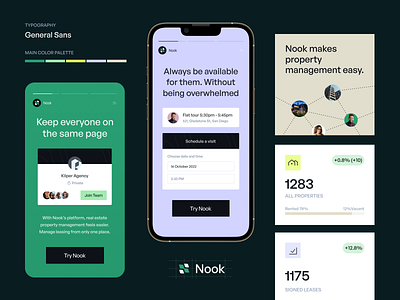 Nook • Brand identity analytics brand identity branding color palette components design system fintech form instagram landlord logo design money product design property management real estate rental saas story typography visual identity