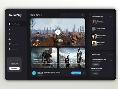Game Dashboard Design adobe xd dashboard design figma game app game application game dashboard game play graphic template illustration landing page ui design ui kits uiux design war game web design website