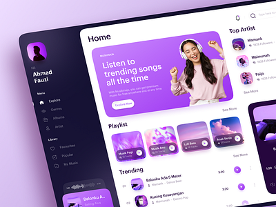 Musikin Aja Dashboard 🎵 3d app apple music artist clean dashboard design flat gradient ios minimal minimalist mobile design music player play player song sound ui website