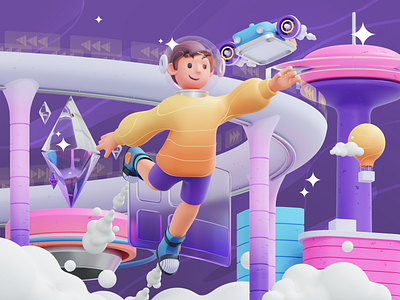 Dive Into The Metaverse - 3D Exploration 3d blender blockchain character cinema4d cryptocurrency design header hero illustration illustration landing page metaverse nft uiux virtual reality website