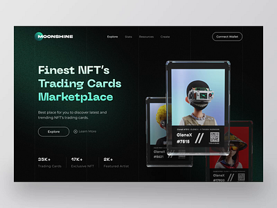 Moonshine - NFT Trading Card Marketplace Landing Page 3d 3d animation 3d art 3d design 3d illustration 3d modeling 3d nft 3d nft landing page animation hero page ui landing page animation landing page ui nft landing page ui nft trading card trading card ui web page web ui