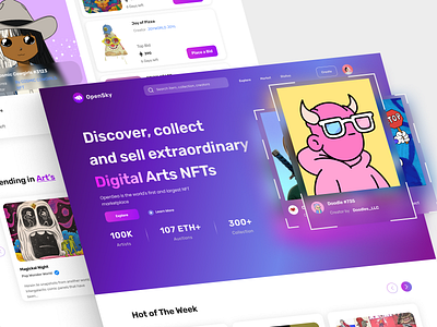 OpenSky - NFT Marketplace Website clean crypto design ecommerce eth gradient landing landing page landingpage layout marketplace nft nija nija works poppins popular purple ui ui design web design