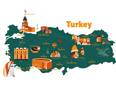 Map of Turkey ankara attractions character city country design flat history illustration map places sights turkey vector