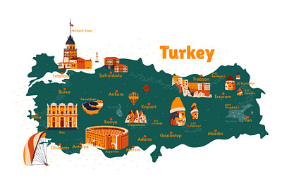 Map of Turkey ankara attractions character city country design flat history illustration map places sights turkey vector