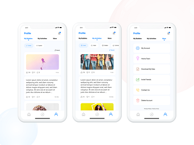 Social App, Activity, Settings pages activities activity app design app ui design mobile app mobile app design more new app settings social social app social app design trend ui ui ux ux