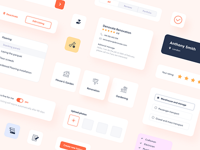 UI elements - Online marketplace button cards clean colors components element fix icons list minimal orange renovation repair search tabs tools ui ui components ui elements ux