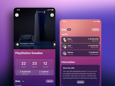 Auctions Bid System animation app bid carousel counter drawer gradients highlight ios item list motion graphics ps5 reward swipe system ui user ux winner