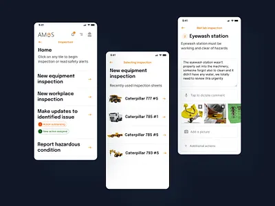 Amos Software App android b2b brutalism caterpillar construction equipment machinery minering minimalist neobrutalism orange ui