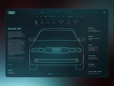 Car online encyclopedia animation application automobile car catalog dark design figma illustration interface metamorphoses motion neon smart animate ui vector graphics website