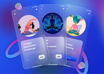 Meditation App UI Design app app illustration clean design figma glass glassmorphism meditate meditation minimal mobile modern design popular design relaxation app trendy typograph ui ui ux ux yoga app