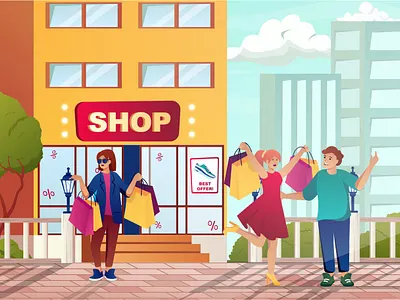 Street Shopping Cartoon Vector Illustration 3d abstract bag branding cartoon concept creative design graphic illustration isolated mall people shopper shopping street shopping ui vector vector illustration web concept