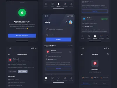 Jobify Mobile App - Darkmode app branding component design illustration logo minimalist mobileapp ui ux