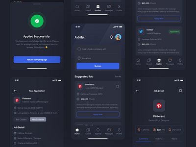 Jobify Mobile App - Darkmode app branding component design illustration logo minimalist mobileapp ui ux